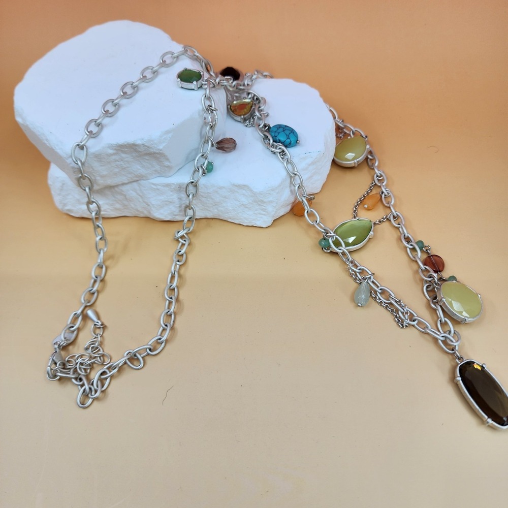 Lia Sophia Silver Tone Multicolor Bead Charm Necklace Long Boho Statement Gift